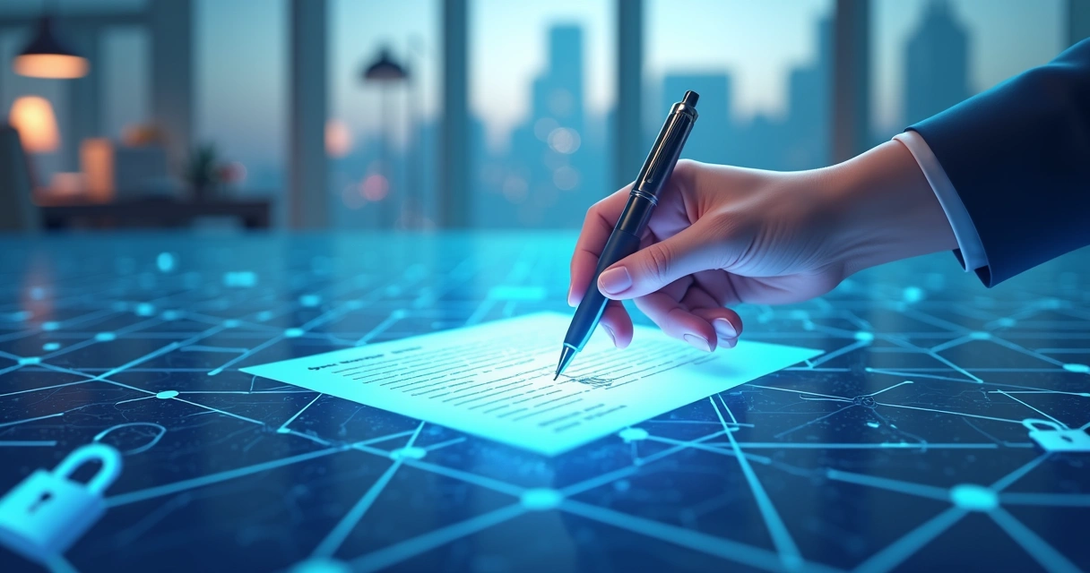 Digital contract stored securely inside a blockchain ledger with network connections 