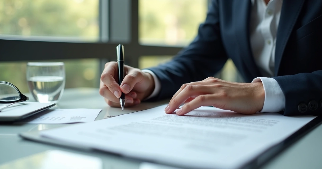 Person pausing before signing a contract in an office 