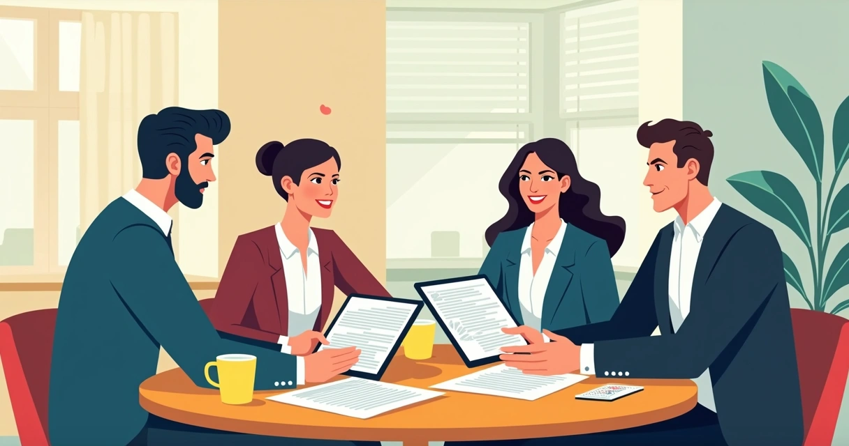 Business colleagues discussing contract renewal at a round table, with documents and digital devices in view. 