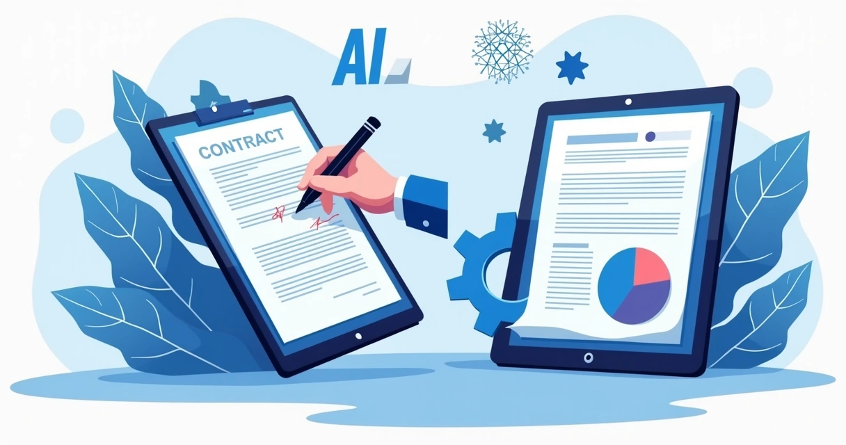 Illustration of digital document signing and AI contract analysis