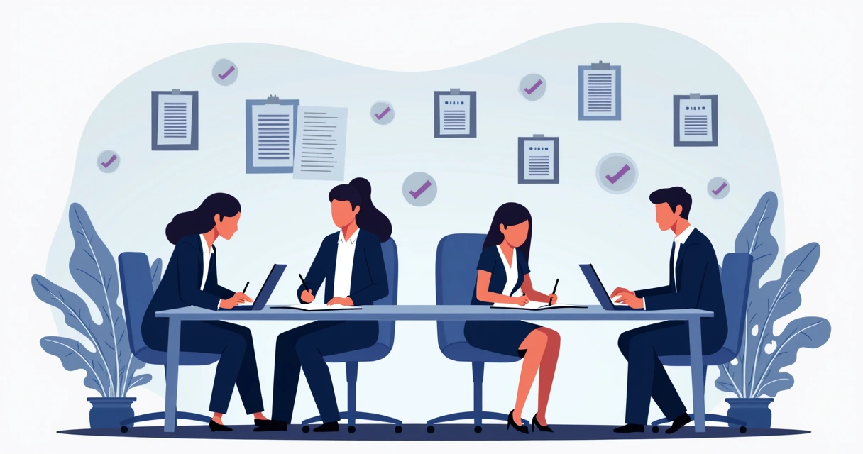 Illustration of diverse professionals signing digital and paper contracts on devices and documents with legal icons and checkmarks