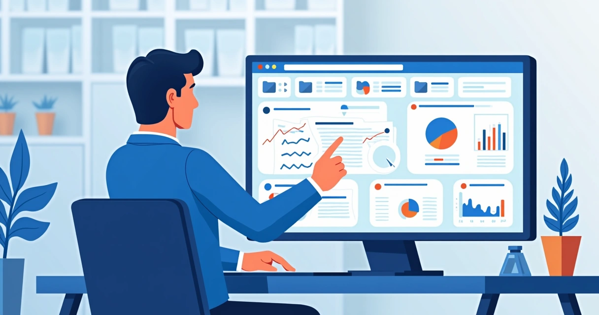 Digital dashboard showing contract management software with graphs and notifications 