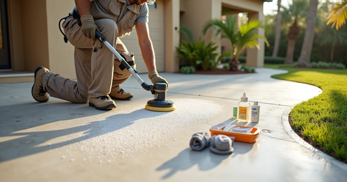 Worker using specialized tools to clean paint overspray from an outdoor patio 