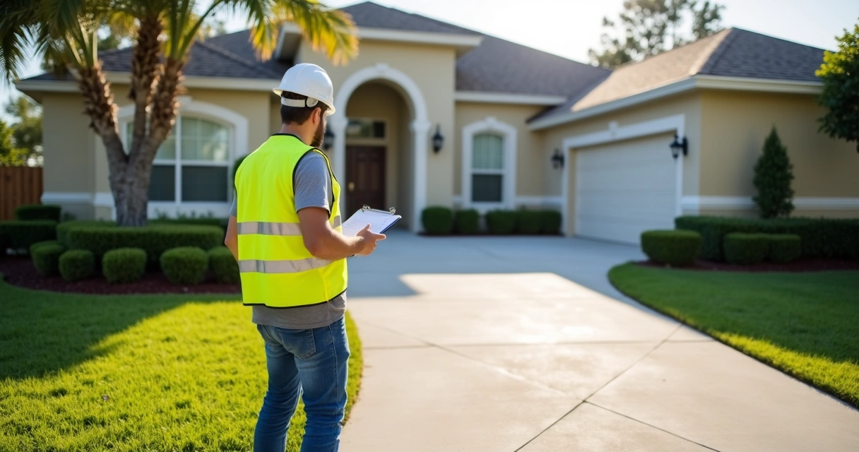 Contractor inspecting concrete driveway in Florida neighborhood 