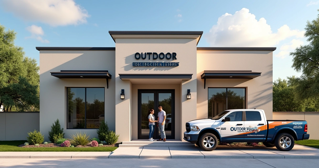 Outdoor contractor office sign at building entrance 