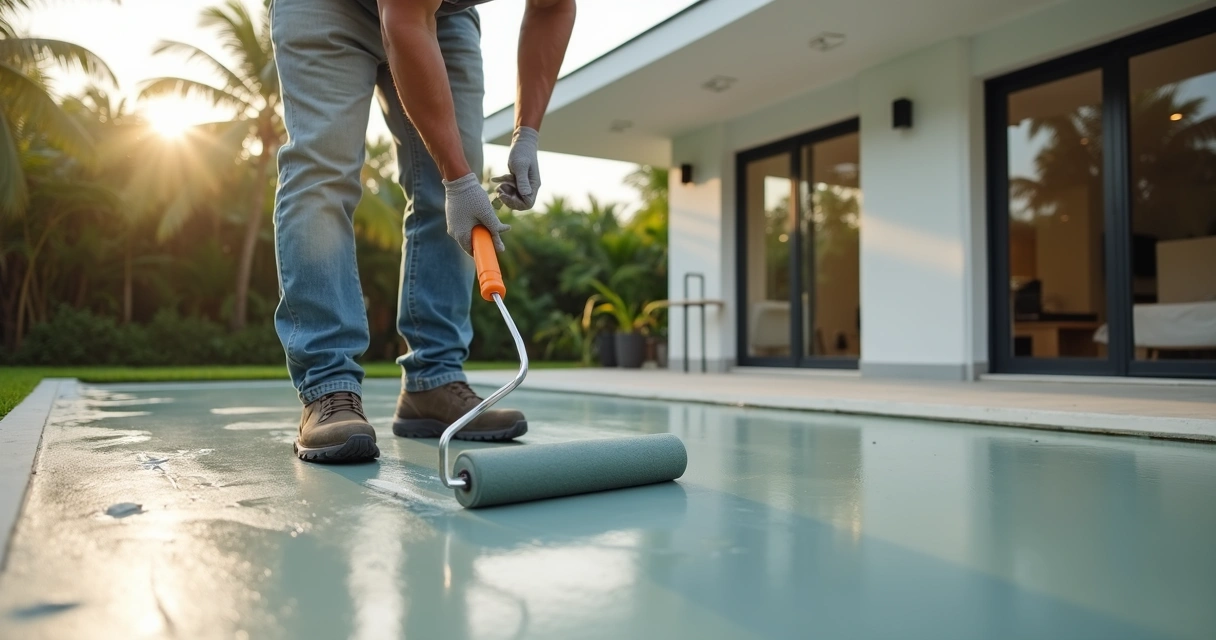 Professional contractor repainting a concrete patio outdoors