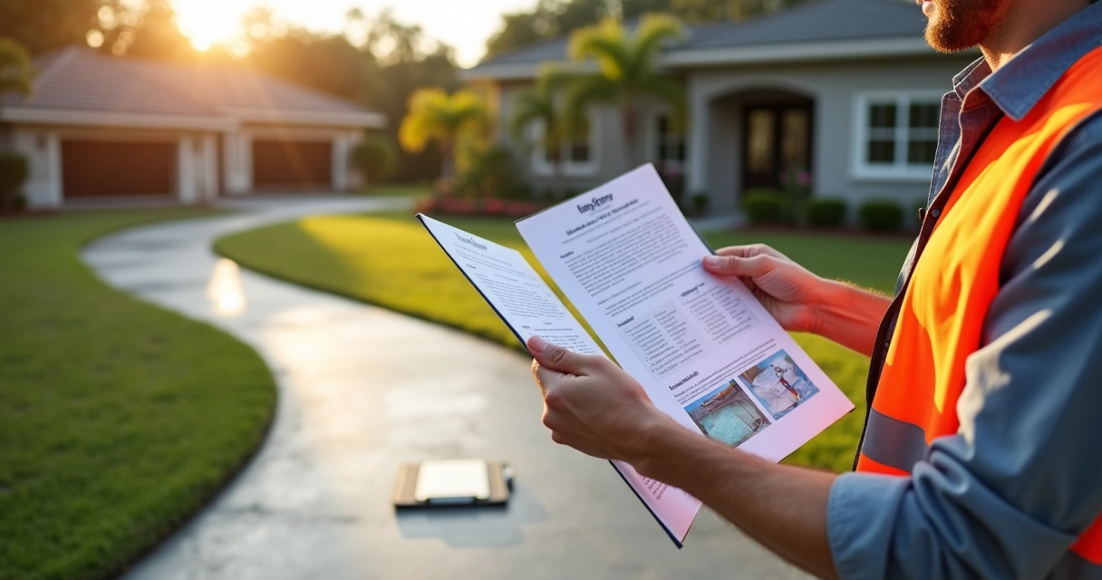 Contractor reviewing residential concrete warranty documents on site with a house background 
