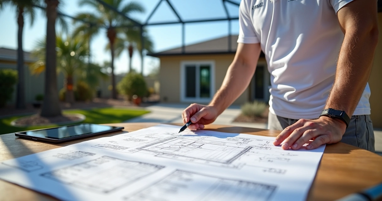 Contractor reviewing outdoor project permits with blueprints on a table under natural daylight outdoors 