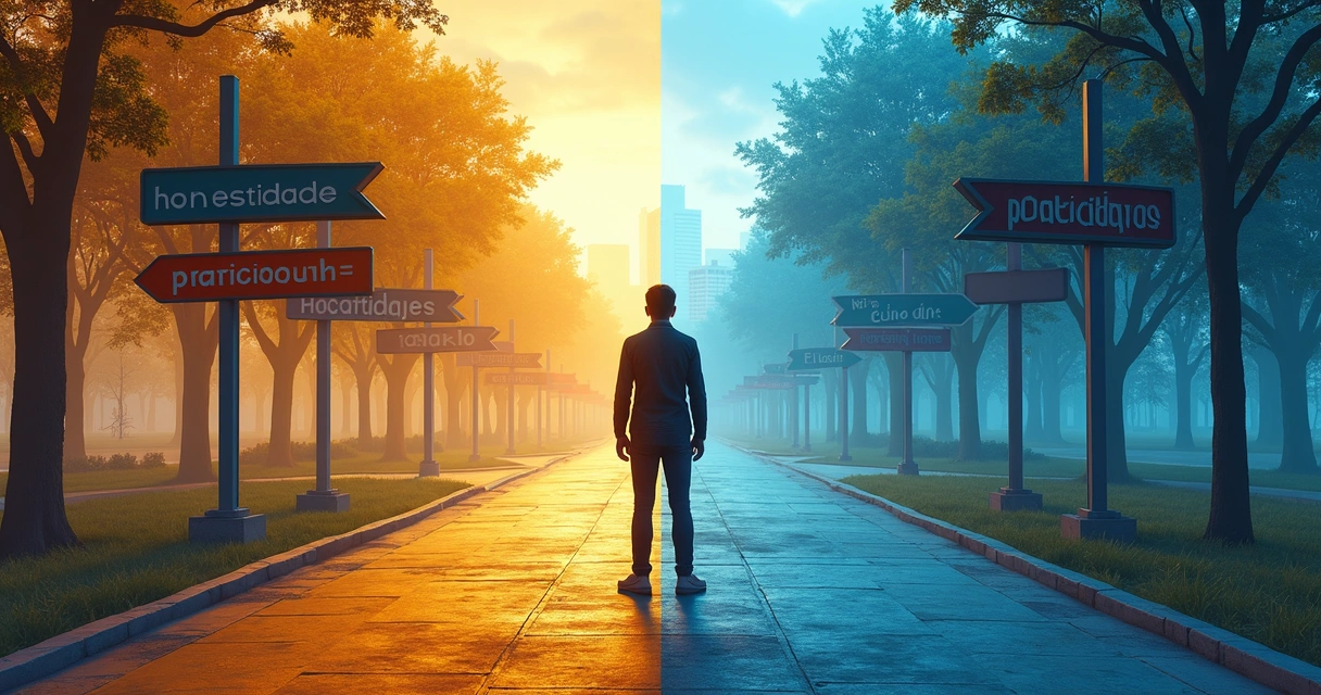 Pessoa olhando para dois caminhos diferentes em um cruzamento 