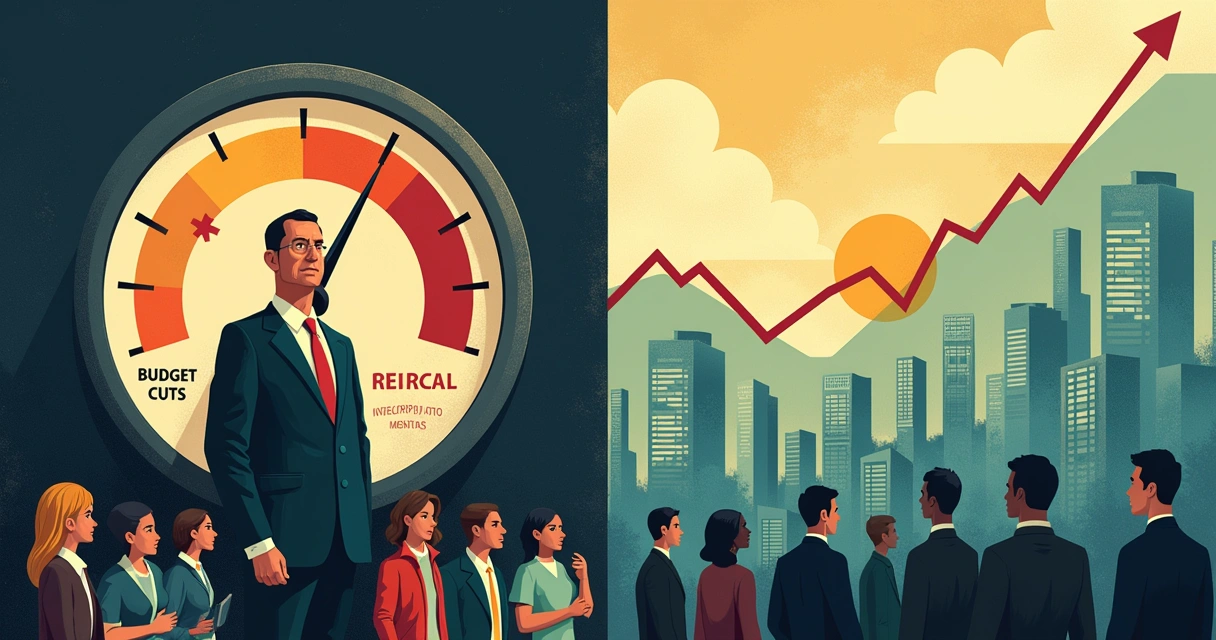Ilustração das contradições das reformas econômicas no Brasil, com Ministro da Economia e cidadãos preocupados.