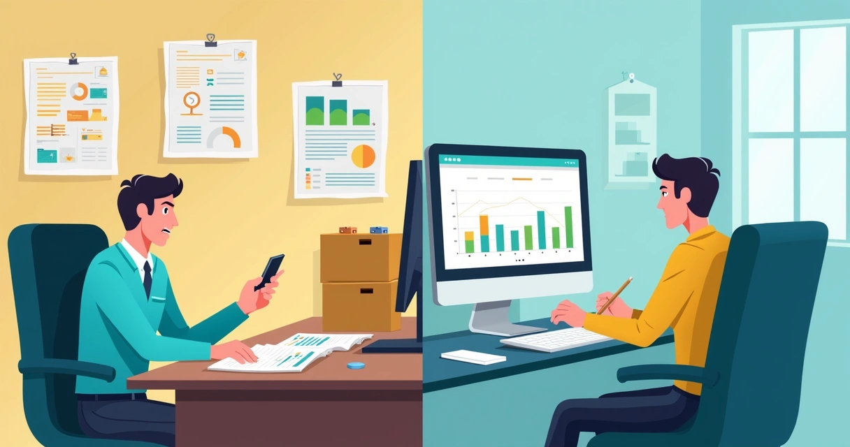 Ilustração corporativa dividida mostrando à esquerda controle de estoque manual e métodos rápidos, e à direita uso de ferramenta digital completa 