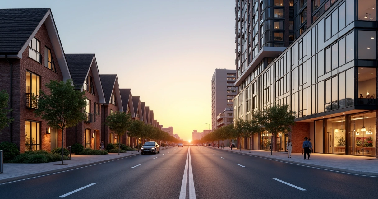 Avenida ao entardecer com casa residencial de um lado e prédio comercial do outro 