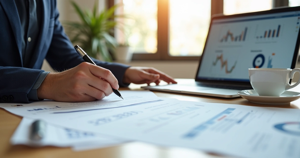 Pessoa assinando contrato enquanto analisa documentos de trabalho com laptop ao lado, em ambiente de escritório moderno e claro 