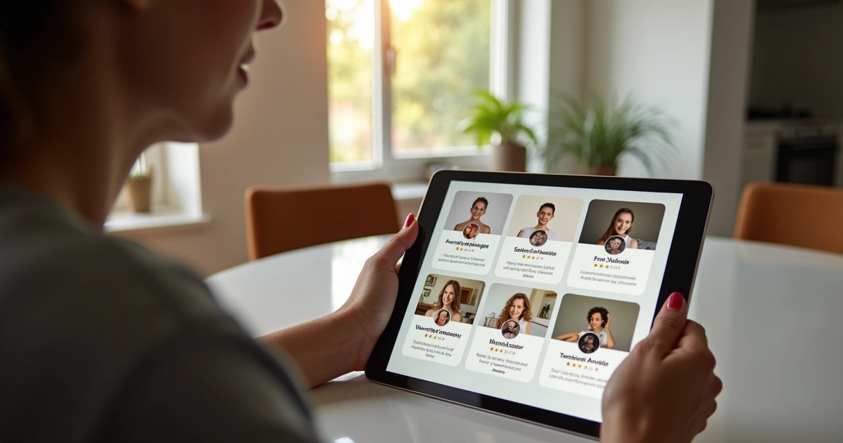 Pessoa escolhendo perfil de massagista no tablet em ambiente discreto 