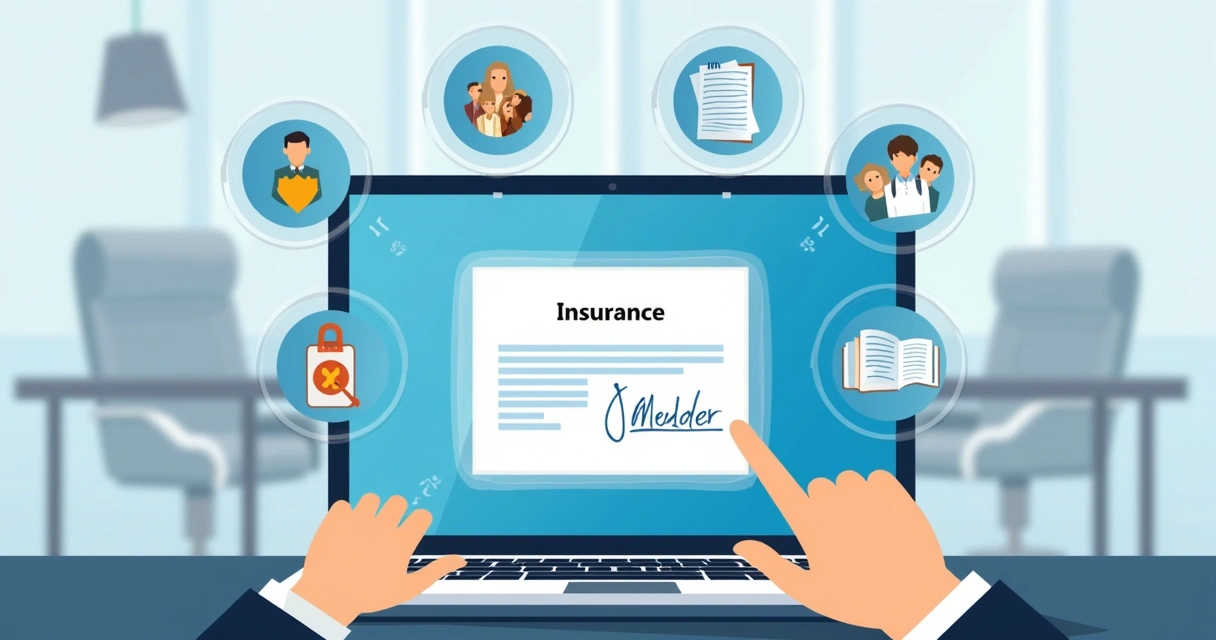Contrato digital de seguro de vida sendo assinado em laptop, com ícones de proteção e família ao fundo 