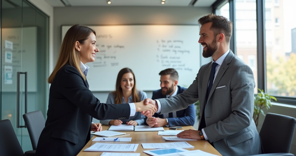 Handshake entre gestor e novo colaborador em escritório moderno 