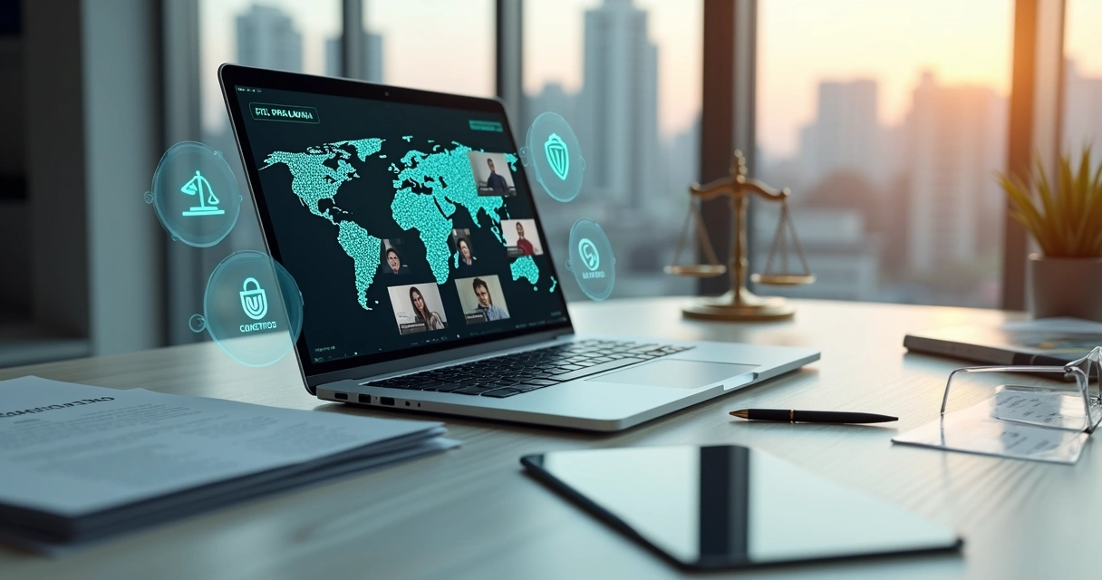 Mesa com laptop mostrando equipe remota e mapa do Brasil em meio virtual 