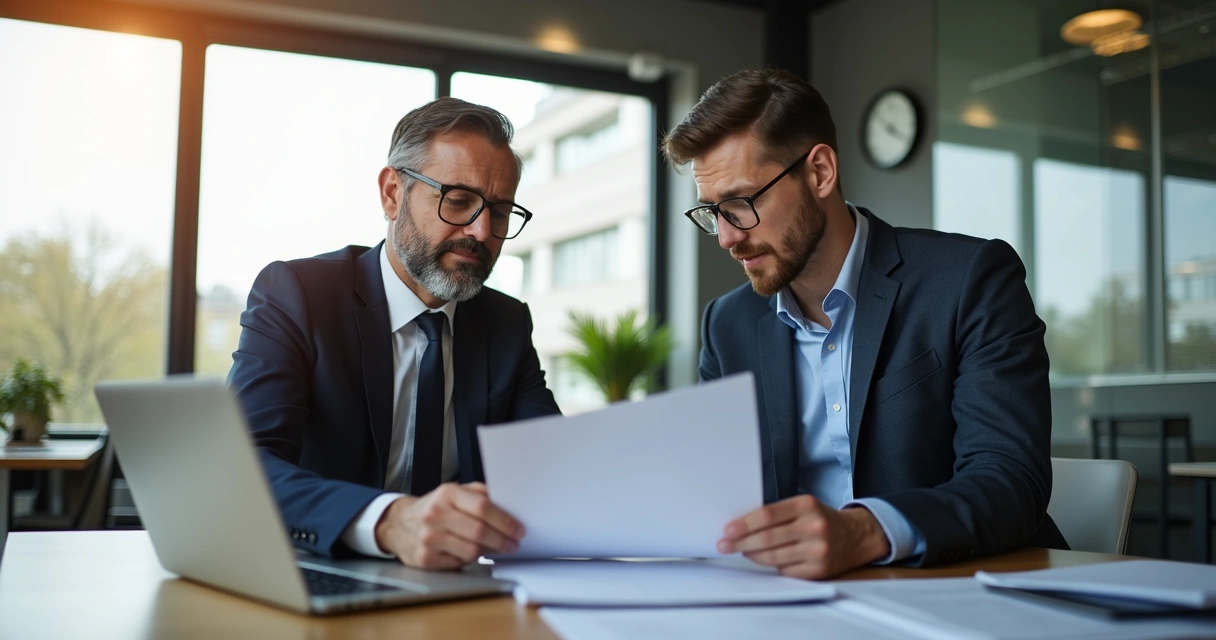 Empresário e colaborador analisando contrato de trabalho flexível em mesa de escritório 