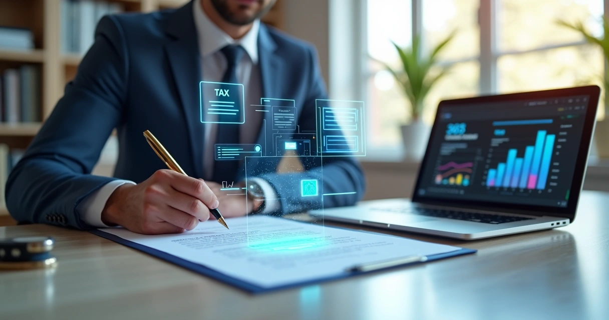 Pessoa assinando contrato de trabalho com elementos de tecnologia e documentos fiscais ao redor 