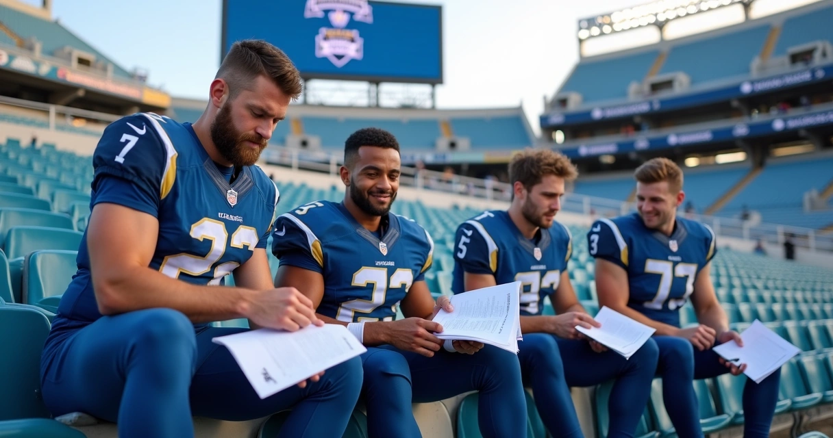 Jogadores de futebol sentados em arquibancada analisando contratos 