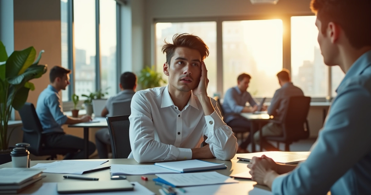 Profissional jovem frustrado em mesa de escritório após crítica de gestor