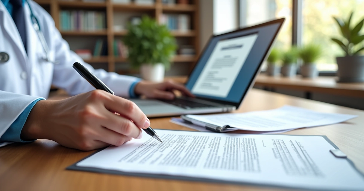 Profissional assinando contrato médico em escritório moderno com papéis e laptop 