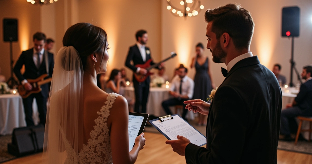 Casal e organizadora escolhendo banda ao vivo para casamento 