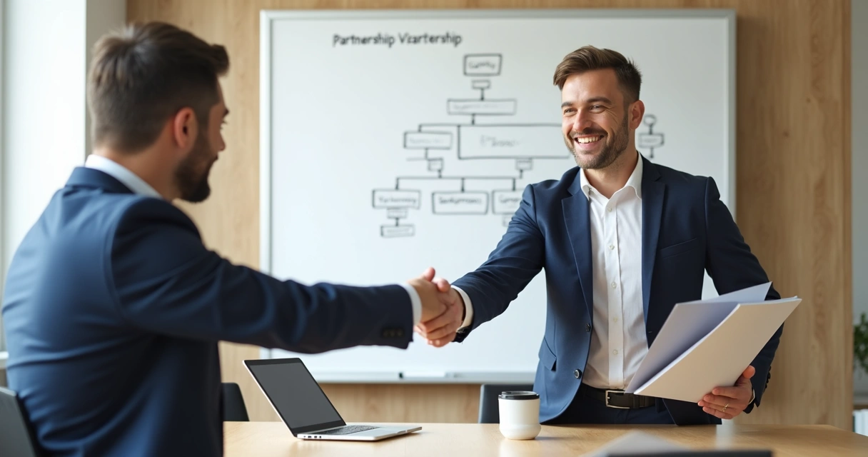 Como estruturar a área de parcerias do zero antes de contratar Entrevista de emprego com candidato e gestor apertando as mãos na mesa