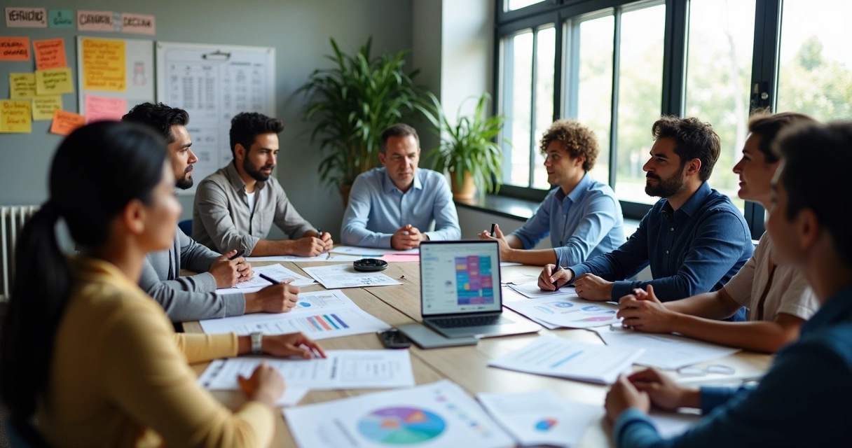 Grupo de pessoas em uma mesa analisando documentos e tabelas de plano de saúde empresarial. 