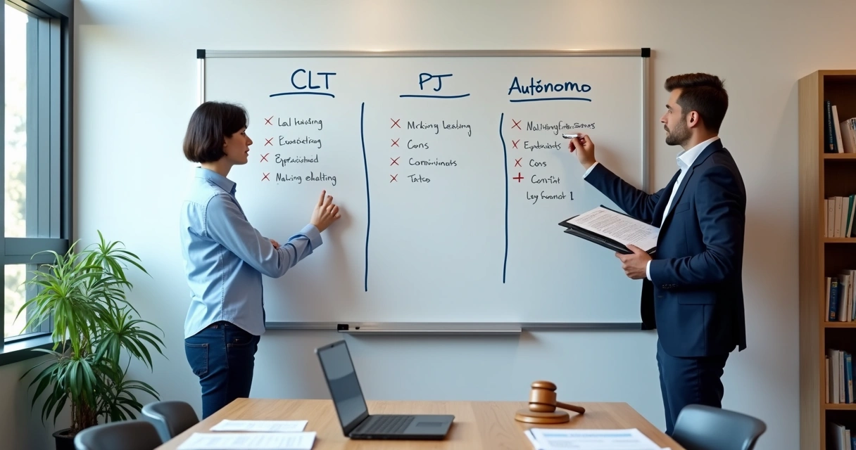 Quadro branco com três colunas CLT PJ e autônomo sendo analisadas por gestor de escola 