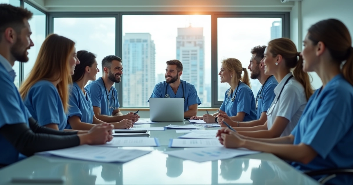 Reunião empresarial com profissionais de saúde e gestores discutindo contratação terceirizada 