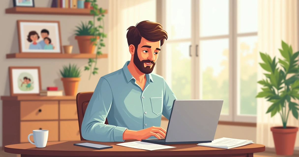 Homem usando notebook em casa, analisando opções de seguro para proteger família, ambiente claro e moderno. 