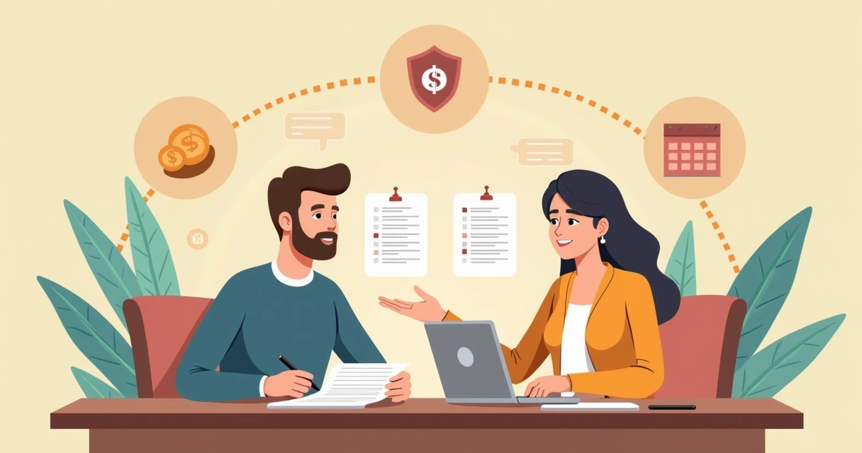 Duas pessoas conversando sobre seguro de vida, em idades diferentes, com ícones de dinheiro e proteção 