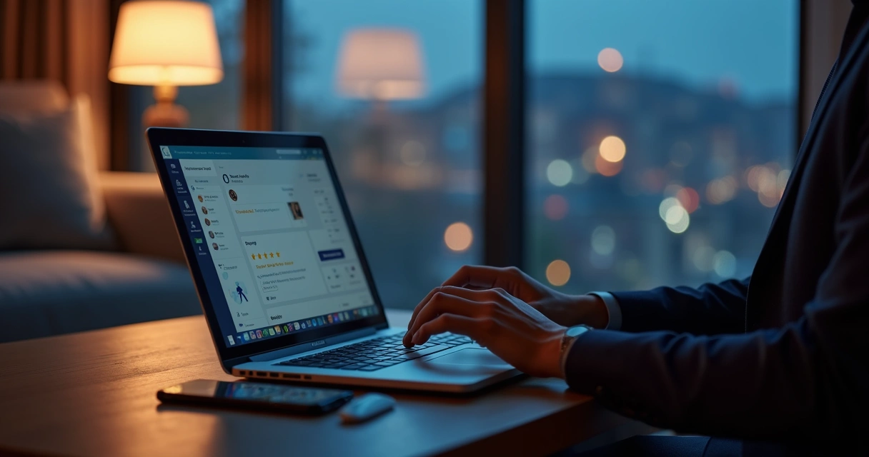 Homem usando notebook para contratar acompanhante sensual com foco em segurança e privacidade 