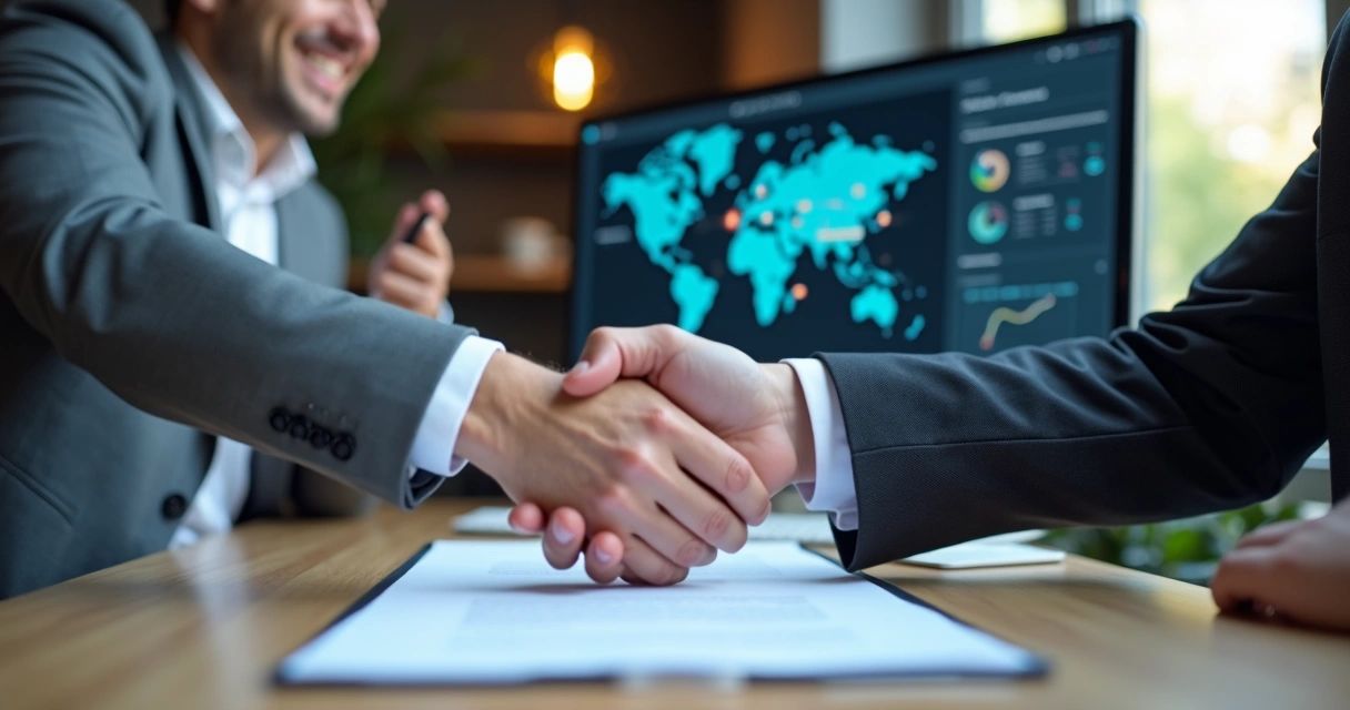 Contrato assinado e aperto de mãos entre empresário e agência de IA 