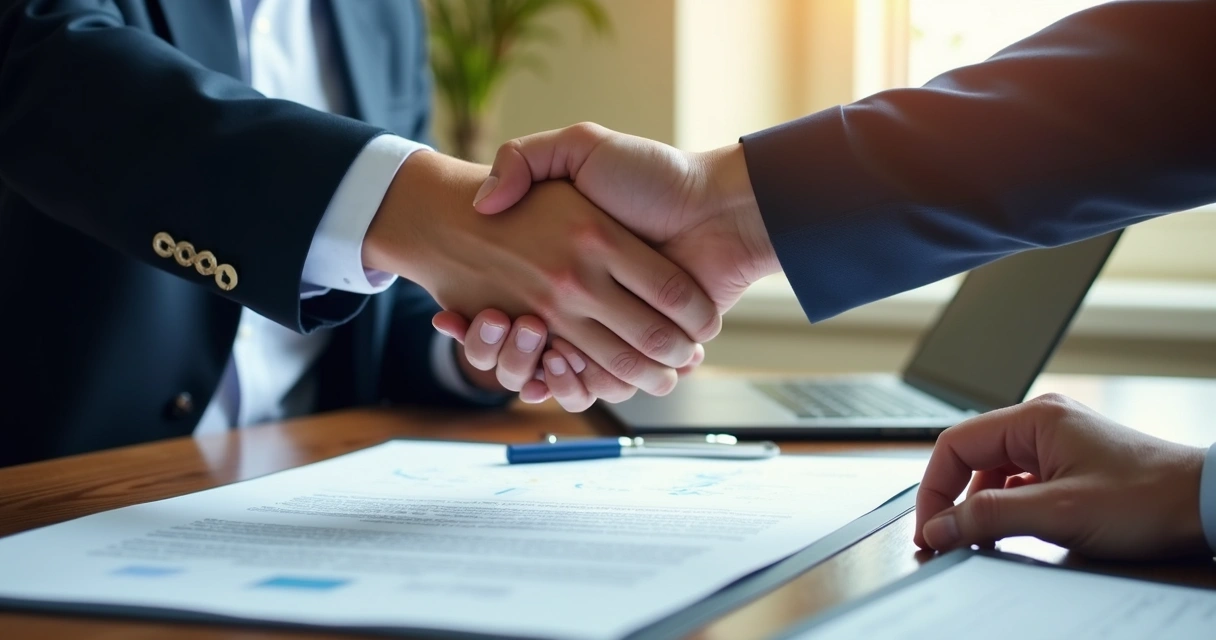 Assinatura de contrato para desenvolvimento de aplicativo, aperto de mãos entre empresário e desenvolvedor 