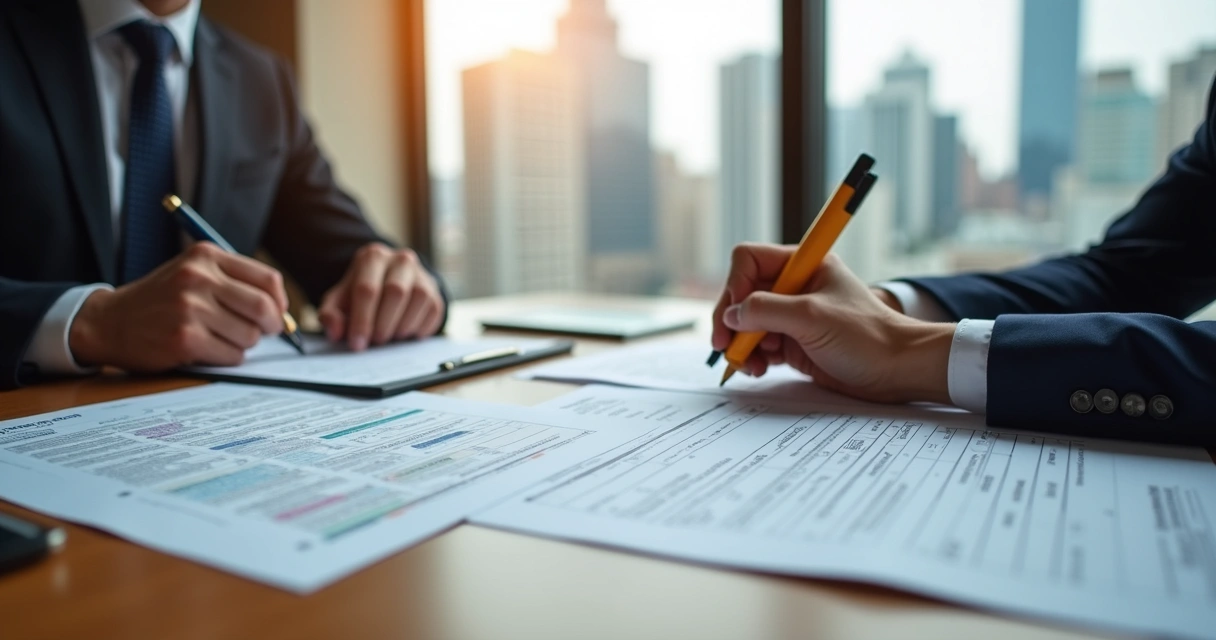 Pessoa revisando contrato com destaque para tabelas de impostos 