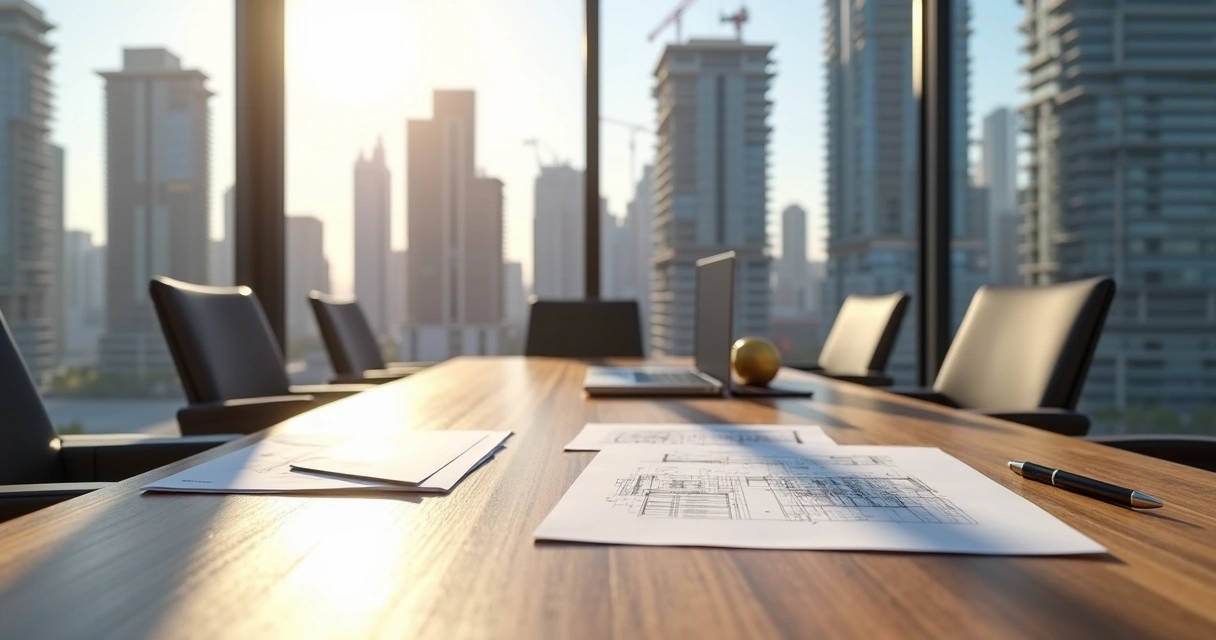 Documentos de contrato em uma mesa de reunião com arquitetura de prédio de fundo 