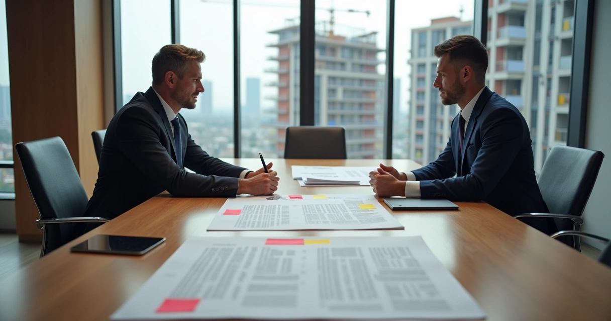 Advogado e incorporador analisando contrato de administração de empreendimento imobiliário sobre a mesa 