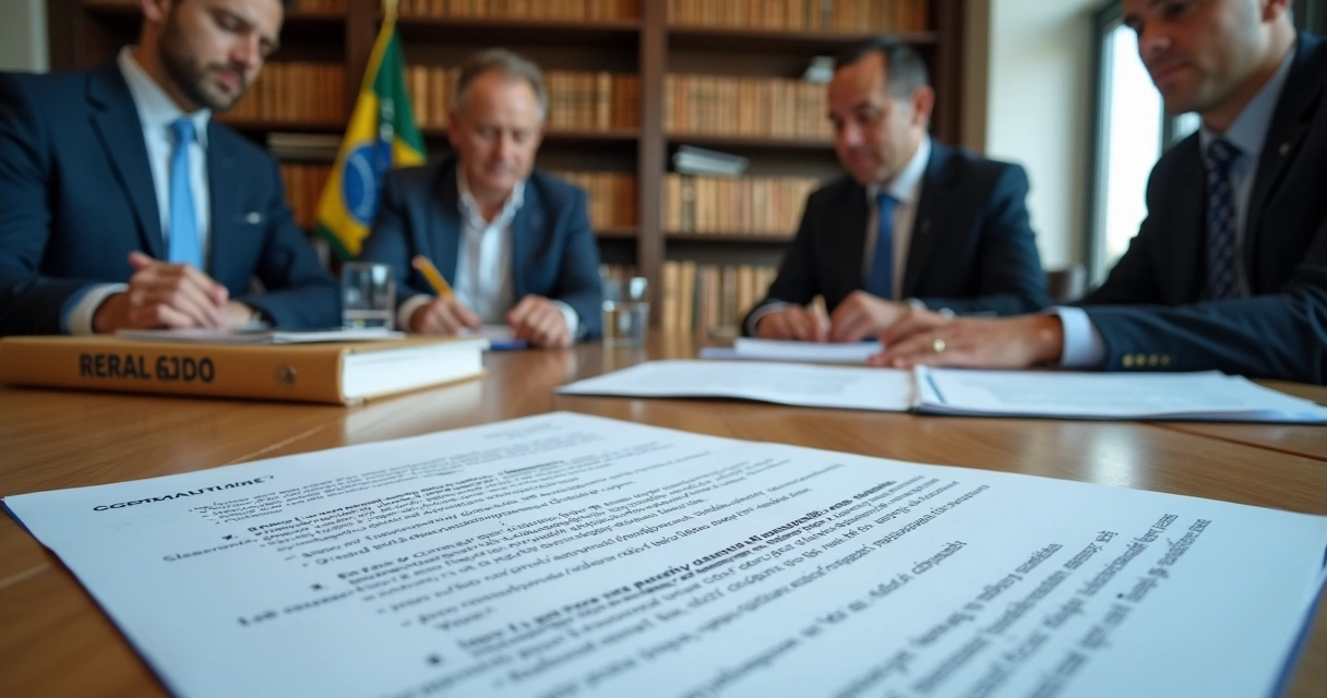 Equipe analisando contrato público com documentos trabalhistas 