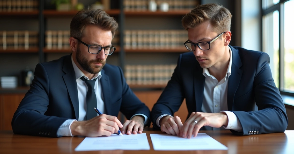 Advogado revisando contrato com startup em escritório com livros ao fundo 