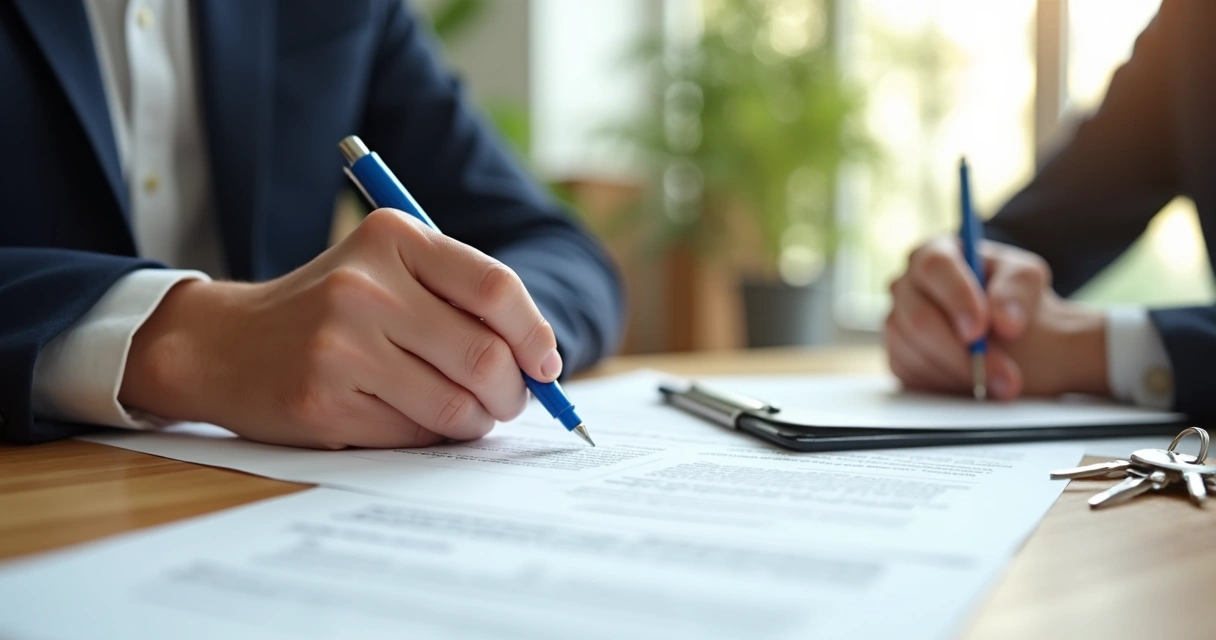 Mãos assinando contrato de locação em mesa com chaves ao lado