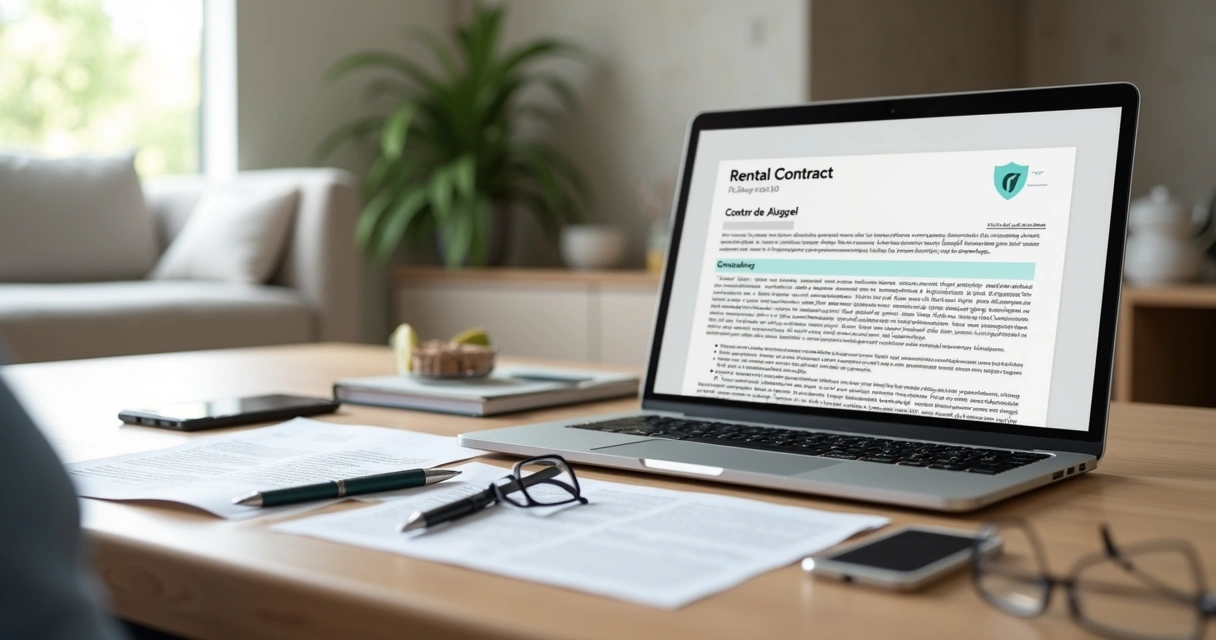 Proprietário revisando contrato de aluguel digital em laptop com foco em segurança jurídica 