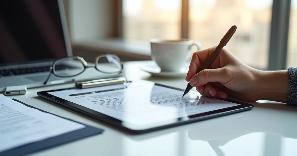 Contrato de aluguel sendo assinado digitalmente em tablet com ambiente de escritório ao fundo 