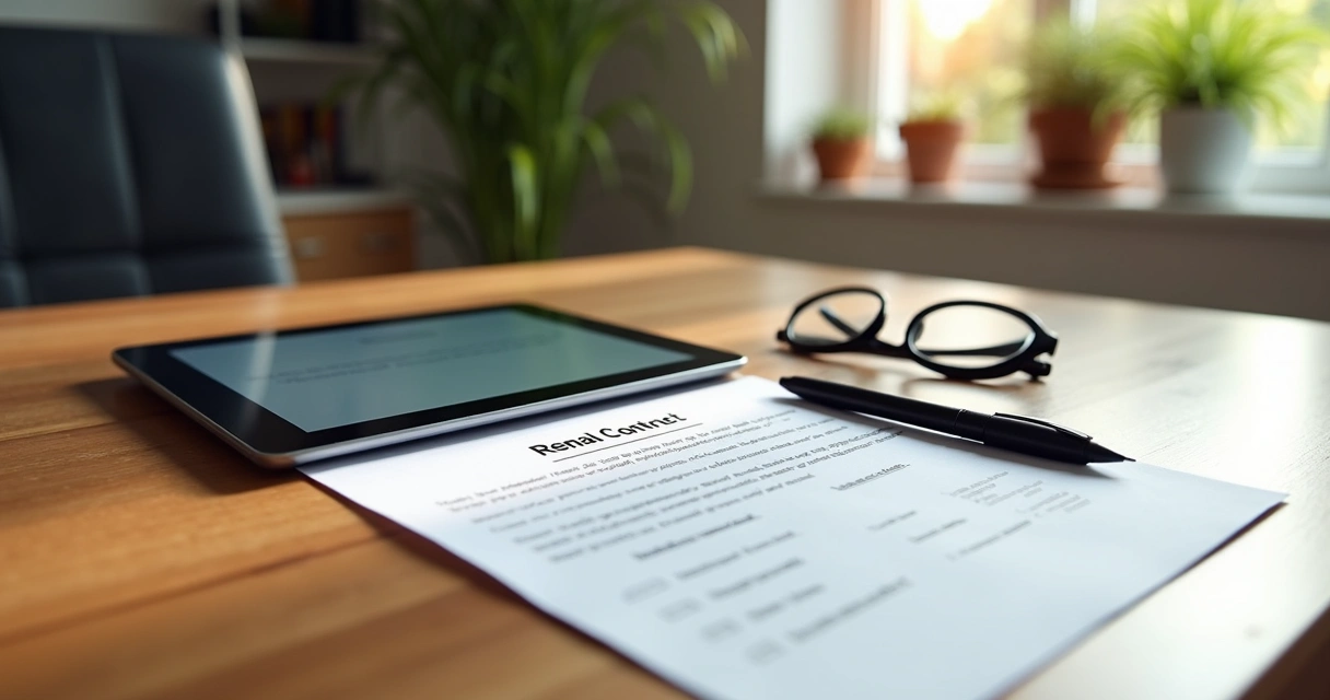 Contrato de aluguel sendo assinado digitalmente em tablet com documentos e caneta ao lado sobre mesa de madeira clara 