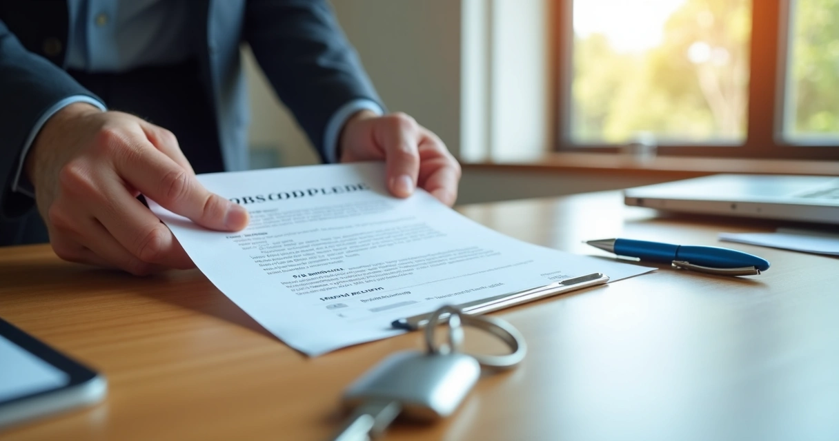 Pessoa segurando contrato de aluguel em mesa de escritório, caneta ao lado 