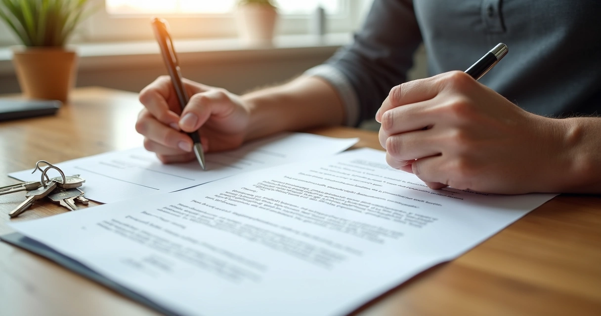 Pessoa assinando contrato de aluguel em mesa com documentos e chave de imóvel 