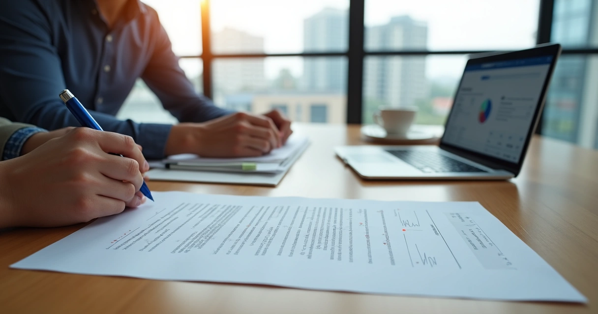 Duas pessoas assinando contrato de aluguel comercial em mesa de escritório com tablet e documentos 