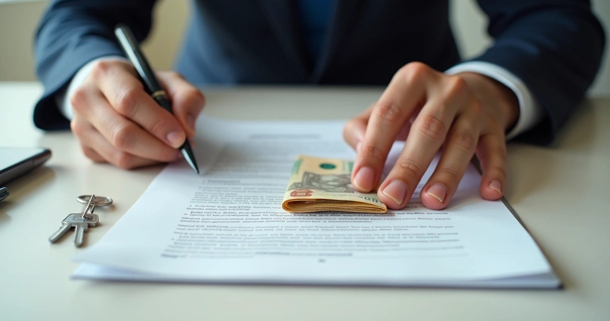 Mãos assinando contrato de aluguel com chave e dinheiro ao lado. 