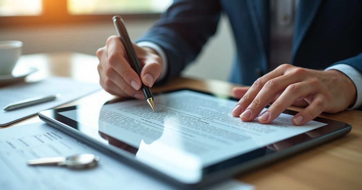 Pessoa assinando contrato de aluguel digital em tablet 